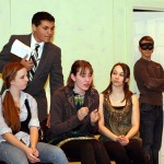 From left, Sophomore Stephanie Hensley, playing Kate, freshman Preston Bogan, playing Dr. Wells, junior Erica Blasko playing Juliet, junior Danielle Wicks, playing Cordelia, and senior Jeff O’Brien, playing the mysterious man, rehearse a scene for the drama club play “Ladies Sigh no More.”