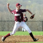 Naugatuck’s Adam Neveski throws to first versus Woodland April 25. Neveski bated in two runs for the Greyhounds who defeated the Hawks 4-2. -LARAINE WESCHLER