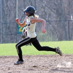 Woodland’s Lindsay Boland sprints for third on her way to an inside the park homerun on Monday versus Naugatuck. The Hawks topped the ‘Hounds 15-8. -LARAINE WESCHLER