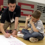 Mike DeCerbo, left, asks his group, including Ryan Shemanaski, right, what it means to be a leader. The group discussed the importance of confidence in leadership.